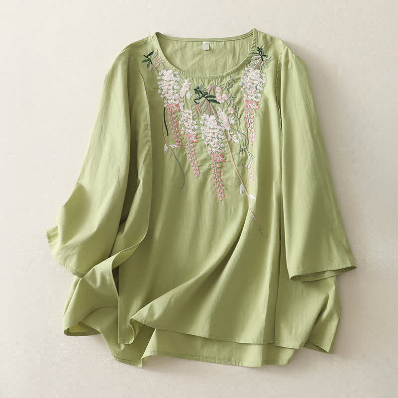 Buddha Stones Camisas de manga tres cuartos para mujer con bordado floral y abertura lateral para primavera - Blanco - US8-10，UK/AU12-14，EU40-42 (2XL) - image 0