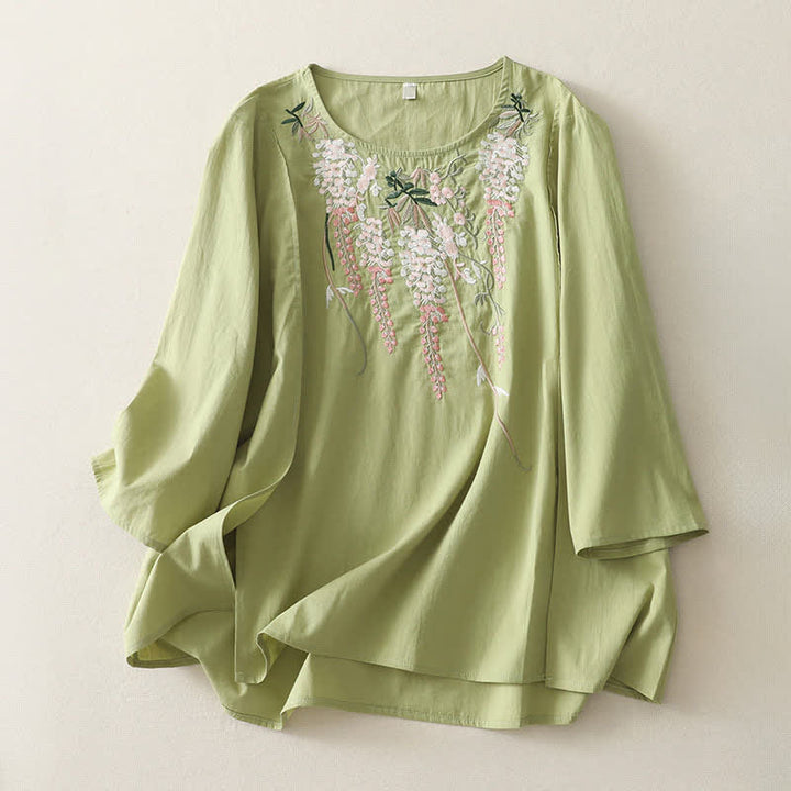Buddha Stones Camisas de manga tres cuartos para mujer con bordado floral y abertura lateral para primavera - Blanco - US8-10，UK/AU12-14，EU40-42 (2XL) - image 0