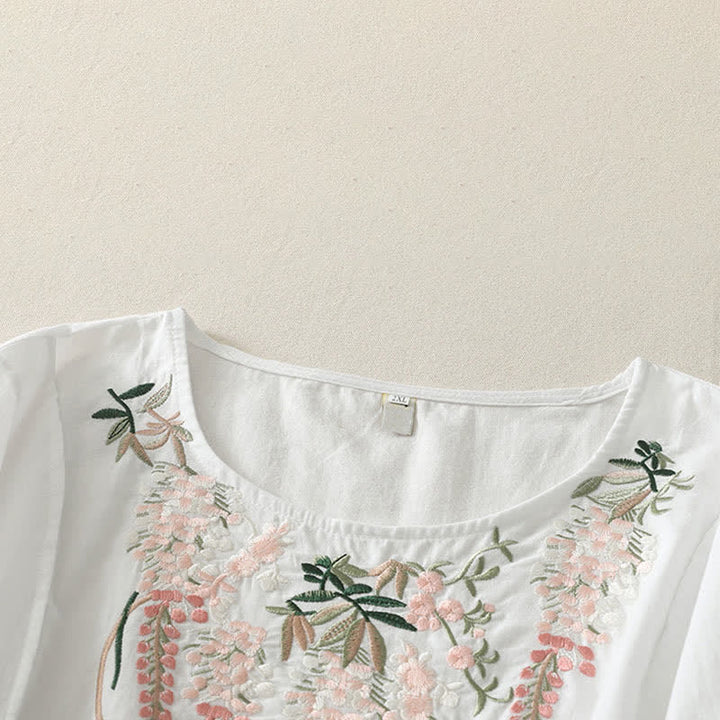 Buddha Stones Camisas de manga tres cuartos para mujer con bordado floral y abertura lateral para primavera - image 20