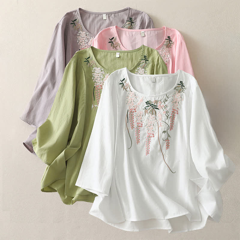 Buddha Stones Camisas de manga tres cuartos para mujer con bordado floral y abertura lateral para primavera - image 30