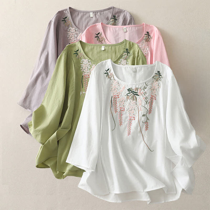 Buddha Stones Camisas de manga tres cuartos para mujer con bordado floral y abertura lateral para primavera - image 30