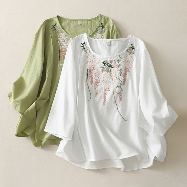 Buddha Stones Camisas de manga tres cuartos para mujer con bordado floral y abertura lateral para primavera - image 27
