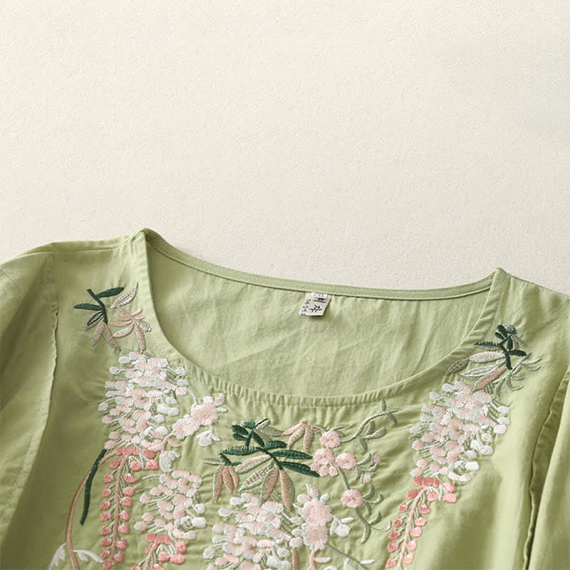 Buddha Stones Camisas de manga tres cuartos para mujer con bordado floral y abertura lateral para primavera - image 1