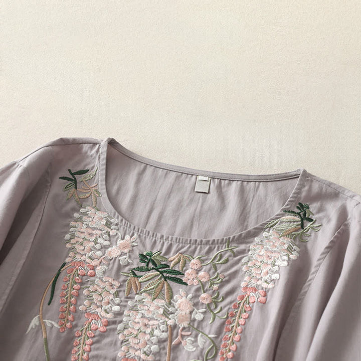 Buddha Stones Camisas de manga tres cuartos para mujer con bordado floral y abertura lateral para primavera - image 6