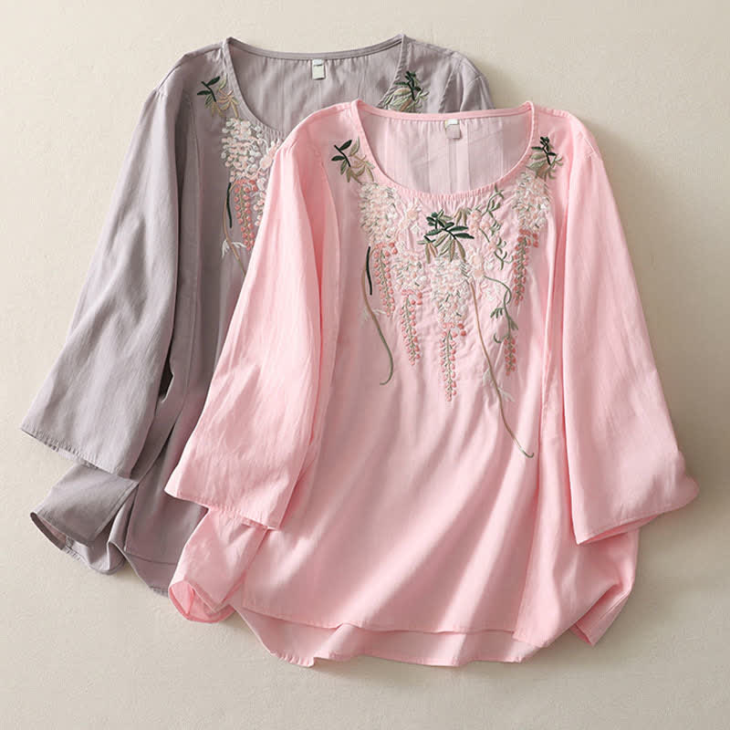 Buddha Stones Camisas de manga tres cuartos para mujer con bordado floral y abertura lateral para primavera - image 28
