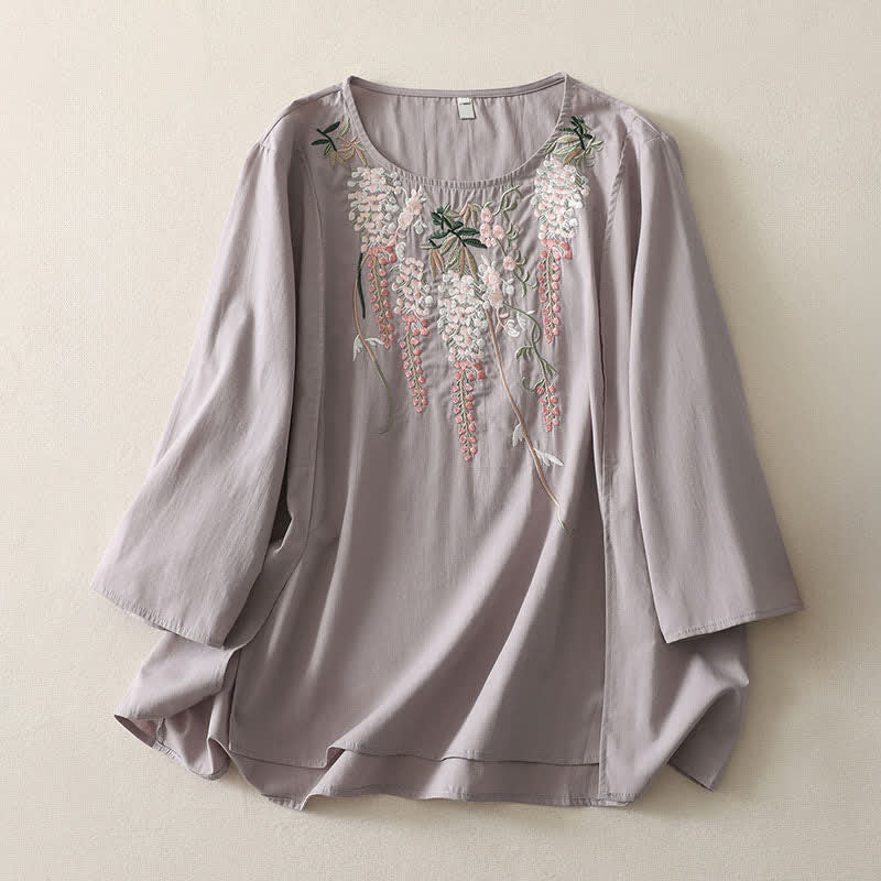 Buddha Stones Camisas de manga tres cuartos para mujer con bordado floral y abertura lateral para primavera - Gris claro - US8-10，UK/AU12-14，EU40-42 (2XL) - image 5