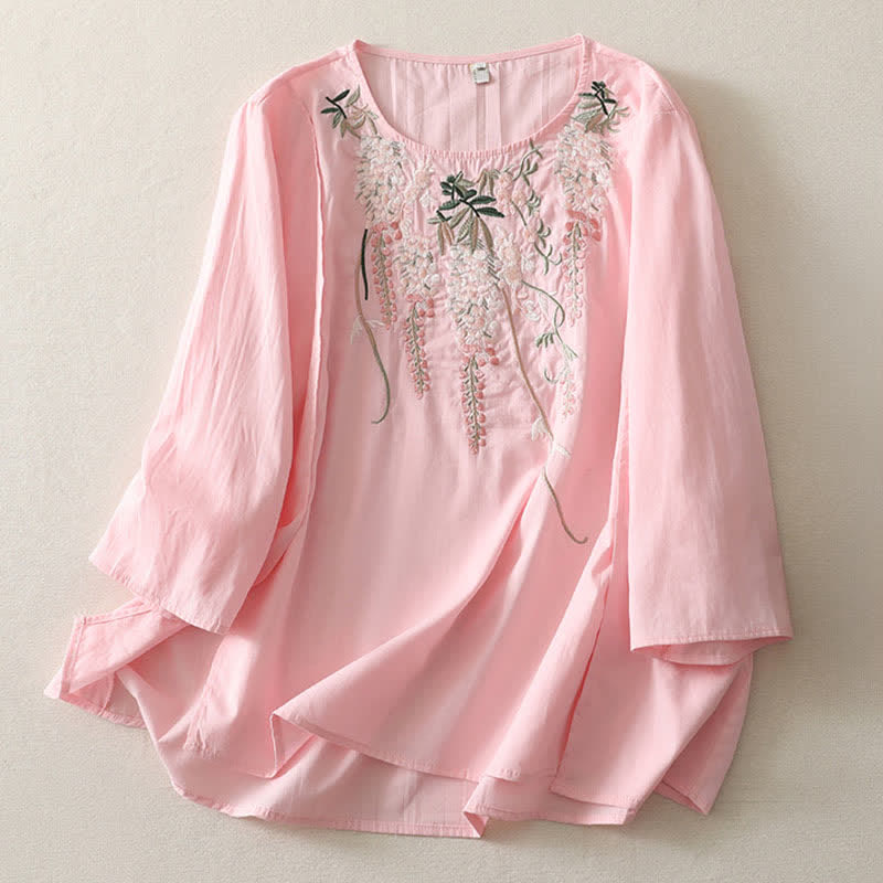 Buddha Stones Camisas de manga tres cuartos para mujer con bordado floral y abertura lateral para primavera - image 10