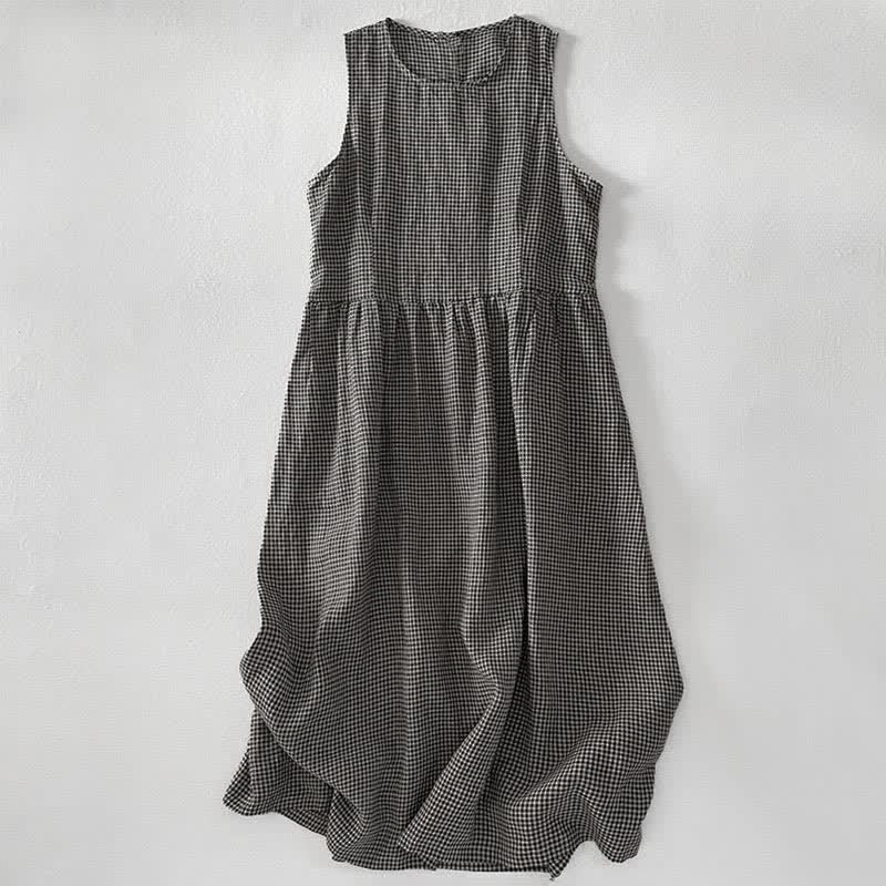 Buddha Stones Vestido de verano informal de algodón a cuadros sin mangas con bolsillos para mujer. - image 10