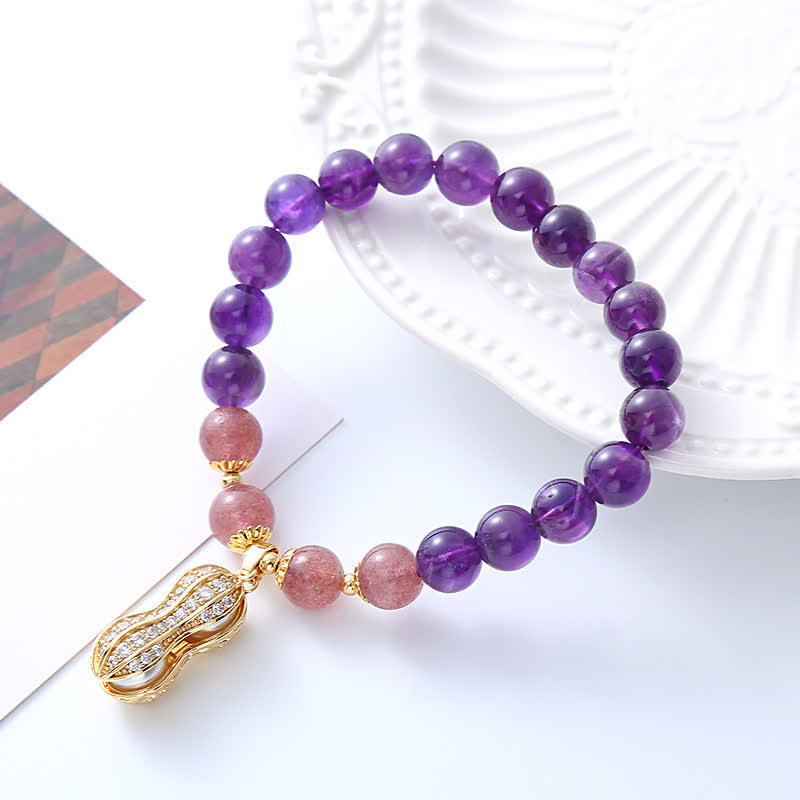 Buddha Stones Pulsera de amatista natural, cuarzo fresa y cacahuete con mensaje positivo: "Las cosas buenas suceden". - image 2
