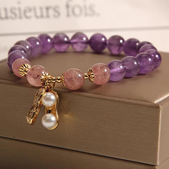 Buddha Stones Pulsera de amatista natural, cuarzo fresa y cacahuete con mensaje positivo: "Las cosas buenas suceden". - image 5