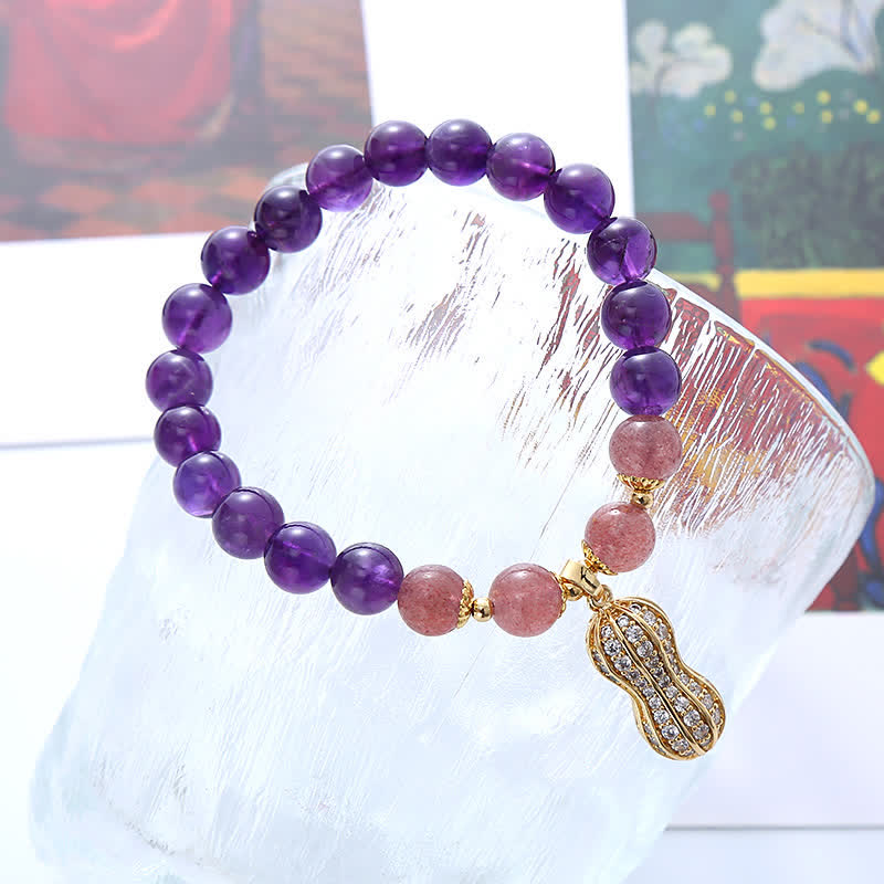 Buddha Stones Pulsera de amatista natural, cuarzo fresa y cacahuete con mensaje positivo: "Las cosas buenas suceden". - image 3