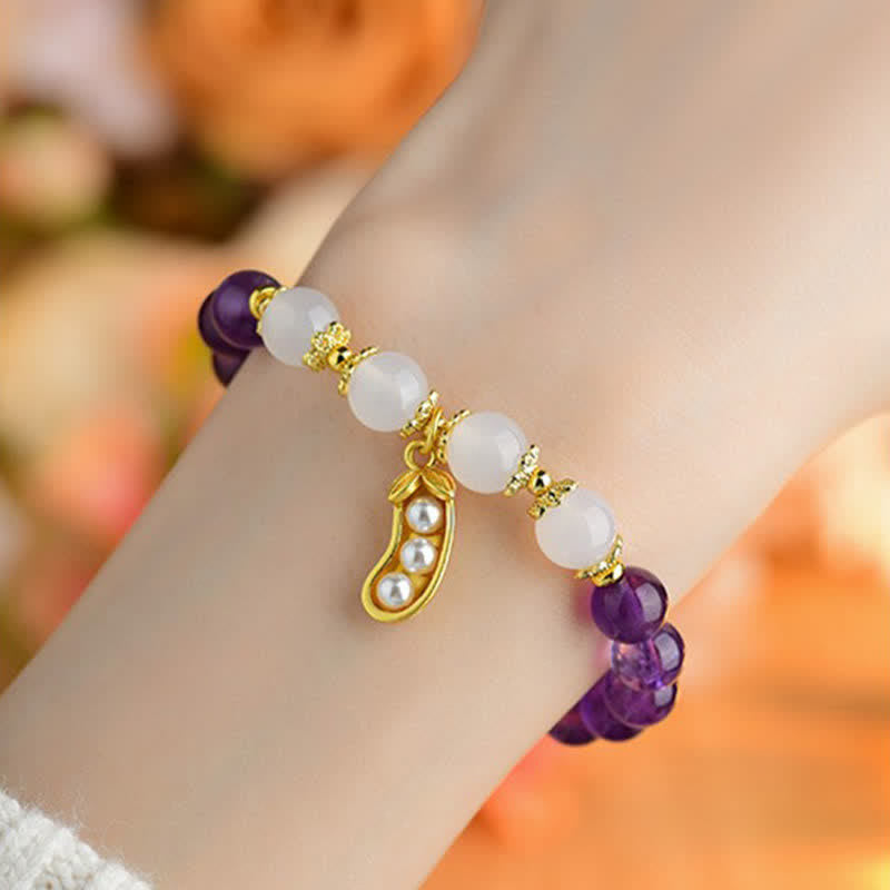 Buddha Stones Pulsera espiritual de amatista natural y ágata blanca con diseño de cacahuete y la frase "Las cosas buenas suceden". - image 7