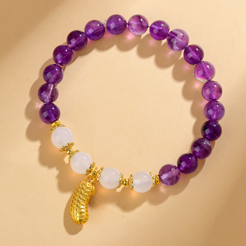 Buddha Stones Pulsera espiritual de amatista natural y ágata blanca con diseño de cacahuete y la frase "Las cosas buenas suceden". - image 1