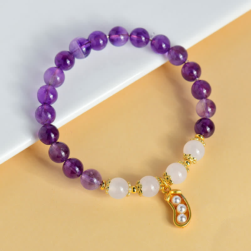 Buddha Stones Pulsera espiritual de amatista natural y ágata blanca con diseño de cacahuete y la frase "Las cosas buenas suceden". - Amatista (circunferencia de la muñeca: 15-16 cm) - image 0