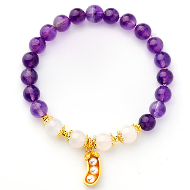 Buddha Stones Pulsera espiritual de amatista natural y ágata blanca con diseño de cacahuete y la frase "Las cosas buenas suceden". - image 2