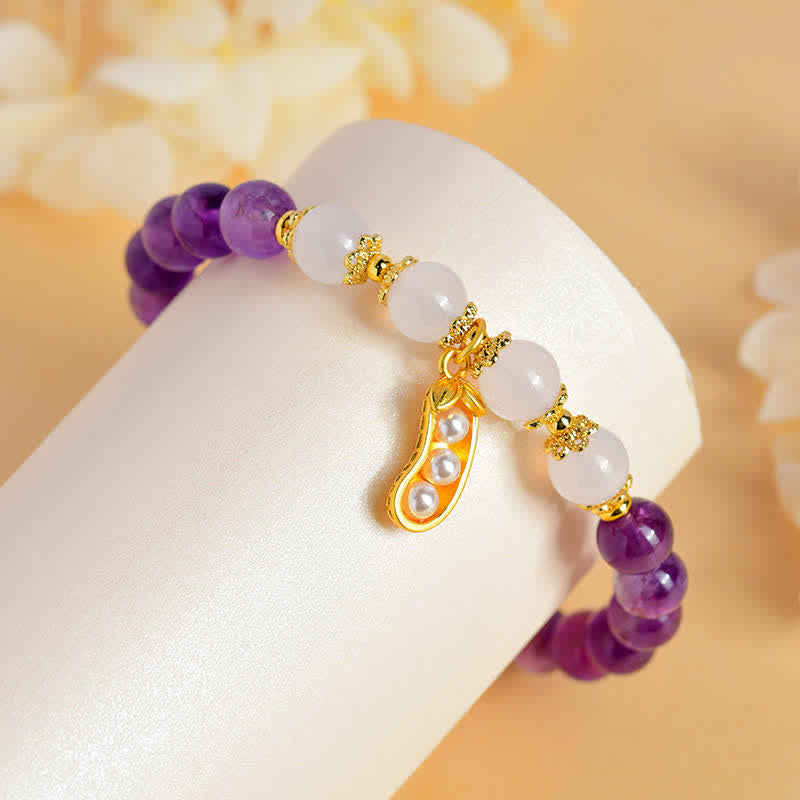 Buddha Stones Pulsera espiritual de amatista natural y ágata blanca con diseño de cacahuete y la frase "Las cosas buenas suceden". - image 8