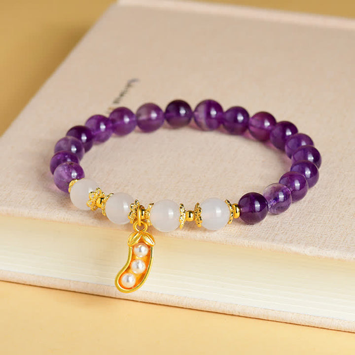 Buddha Stones Pulsera espiritual de amatista natural y ágata blanca con diseño de cacahuete y la frase "Las cosas buenas suceden". - image 3