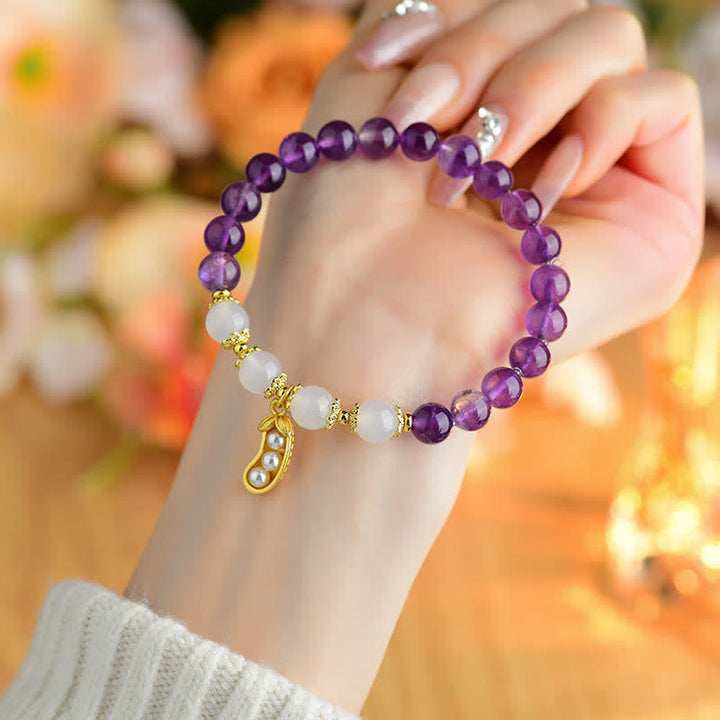 Buddha Stones Pulsera espiritual de amatista natural y ágata blanca con diseño de cacahuete y la frase "Las cosas buenas suceden". - image 4