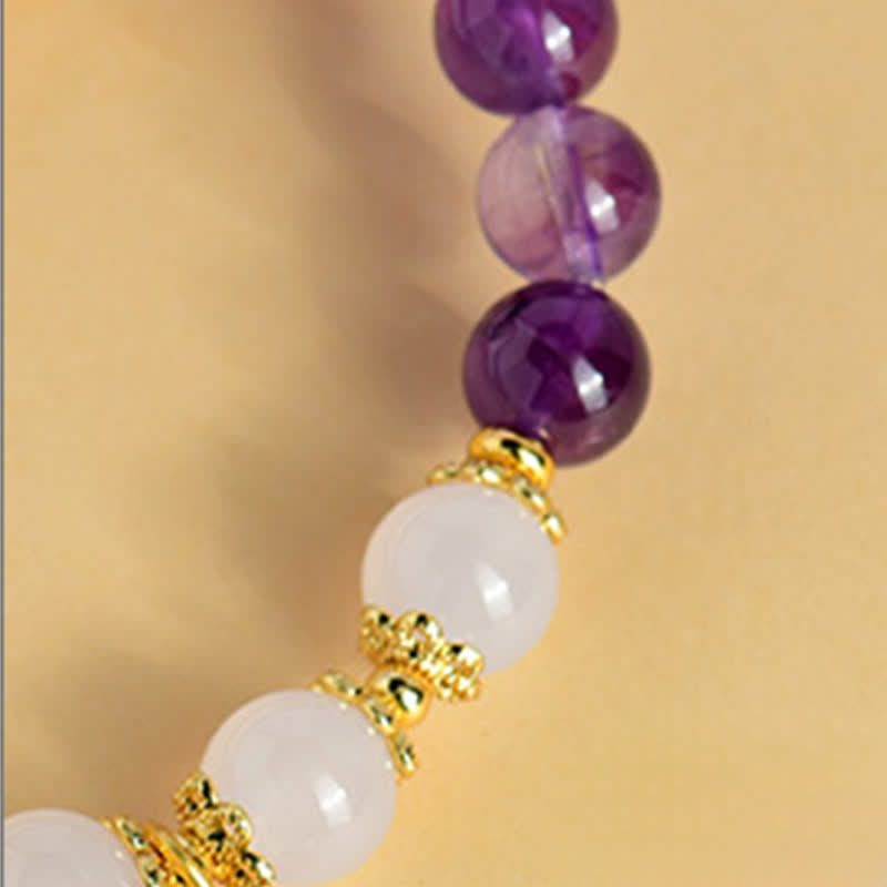 Buddha Stones Pulsera espiritual de amatista natural y ágata blanca con diseño de cacahuete y la frase "Las cosas buenas suceden". - image 10