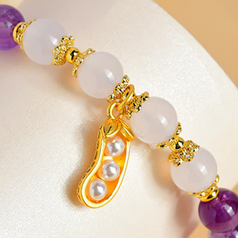 Buddha Stones Pulsera espiritual de amatista natural y ágata blanca con diseño de cacahuete y la frase "Las cosas buenas suceden". - image 9