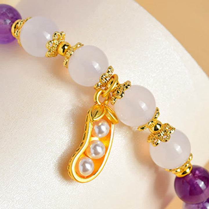 Buddha Stones Pulsera espiritual de amatista natural y ágata blanca con diseño de cacahuete y la frase "Las cosas buenas suceden". - image 9