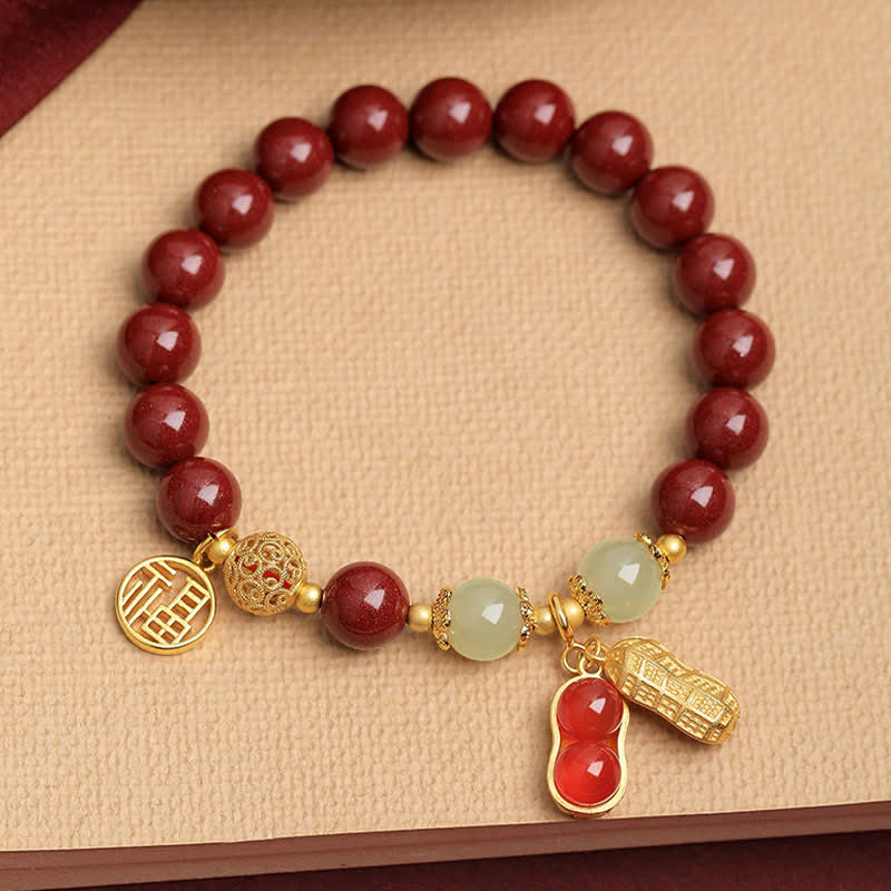 Buddha Stones Pulsera de la bendición del personaje Fu de cinabrio natural con cacahuete y la frase "Las cosas buenas suceden". - image 1