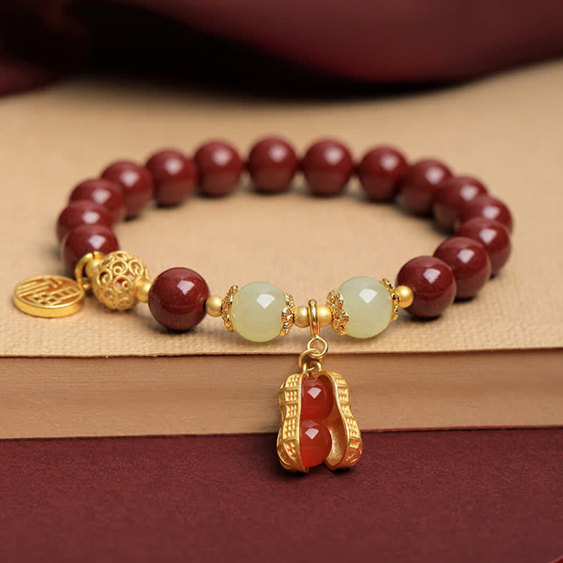 Buddha Stones Pulsera de la bendición del personaje Fu de cinabrio natural con cacahuete y la frase "Las cosas buenas suceden". - image 2