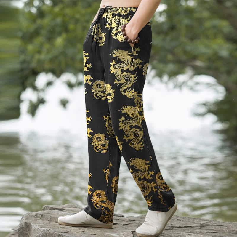 Buddha Stones Pantalones de hombre de algodón con estampado de dragón dorado, corte ajustado y bolsillos. - image 1