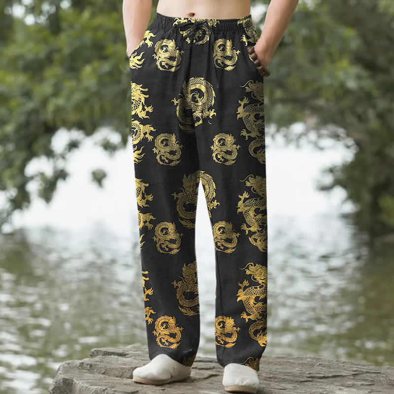 Buddha Stones Pantalones de hombre de algodón con estampado de dragón dorado, corte ajustado y bolsillos. - Negro - US/UK/AU50, EU60 (5XL) - image 0