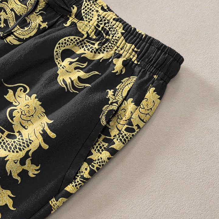 Buddha Stones Pantalones de hombre de algodón con estampado de dragón dorado, corte ajustado y bolsillos. - image 3