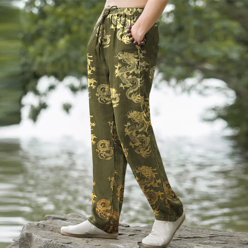 Buddha Stones Pantalones de hombre de algodón con estampado de dragón dorado, corte ajustado y bolsillos. - image 7