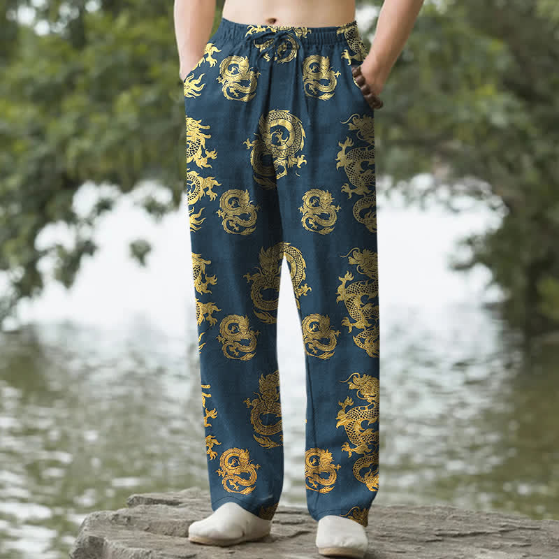Buddha Stones Pantalones de hombre de algodón con estampado de dragón dorado, corte ajustado y bolsillos. - Azul acero - US/UK/AU50, EU60 (5XL) - image 4