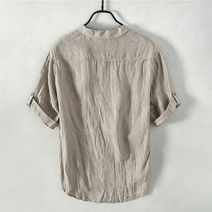 Buddha Stones Camisa de manga corta para hombre, de algodón y lino, con diseño de media manga y mangas enrolladas, ideal para el verano. - image 8