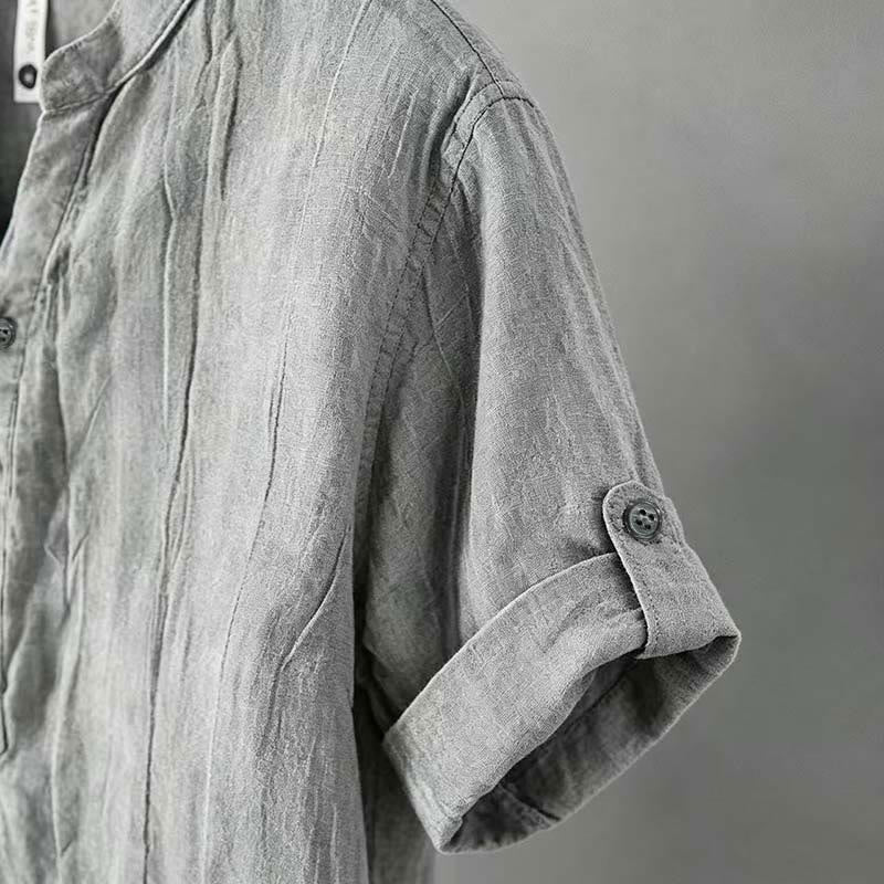 Buddha Stones Camisa de manga corta para hombre, de algodón y lino, con diseño de media manga y mangas enrolladas, ideal para el verano. - image 4