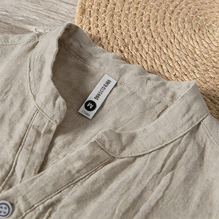 Buddha Stones Camisa de manga corta para hombre, de algodón y lino, con diseño de media manga y mangas enrolladas, ideal para el verano. - image 9