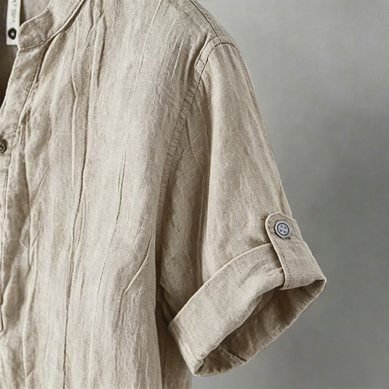 Buddha Stones Camisa de manga corta para hombre, de algodón y lino, con diseño de media manga y mangas enrolladas, ideal para el verano. - image 11