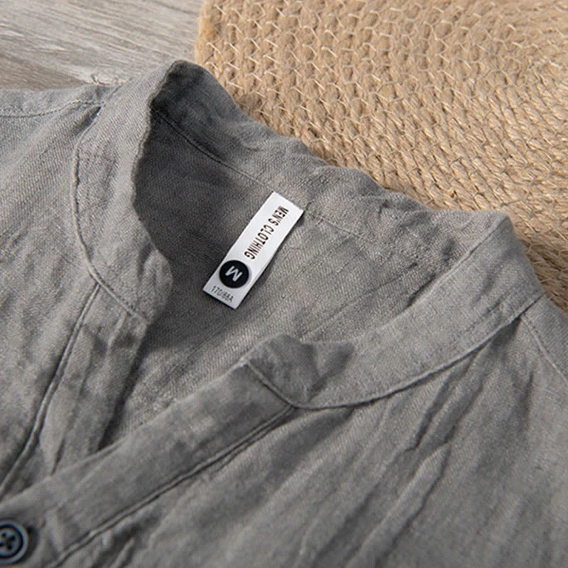 Buddha Stones Camisa de manga corta para hombre, de algodón y lino, con diseño de media manga y mangas enrolladas, ideal para el verano. - image 2