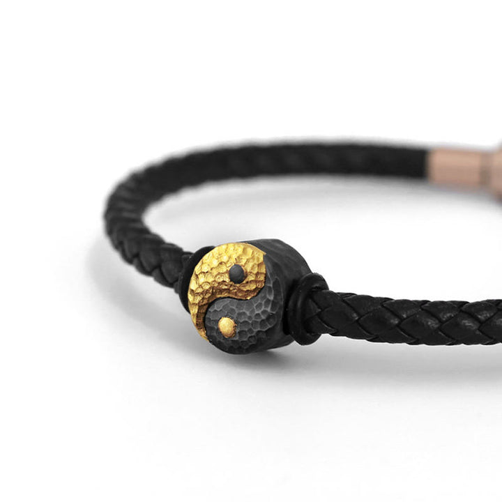 Buddha Stones Pulsera de cuero con símbolo Bagua Yin Yang de plata de ley 925 y oro 999. - image 8