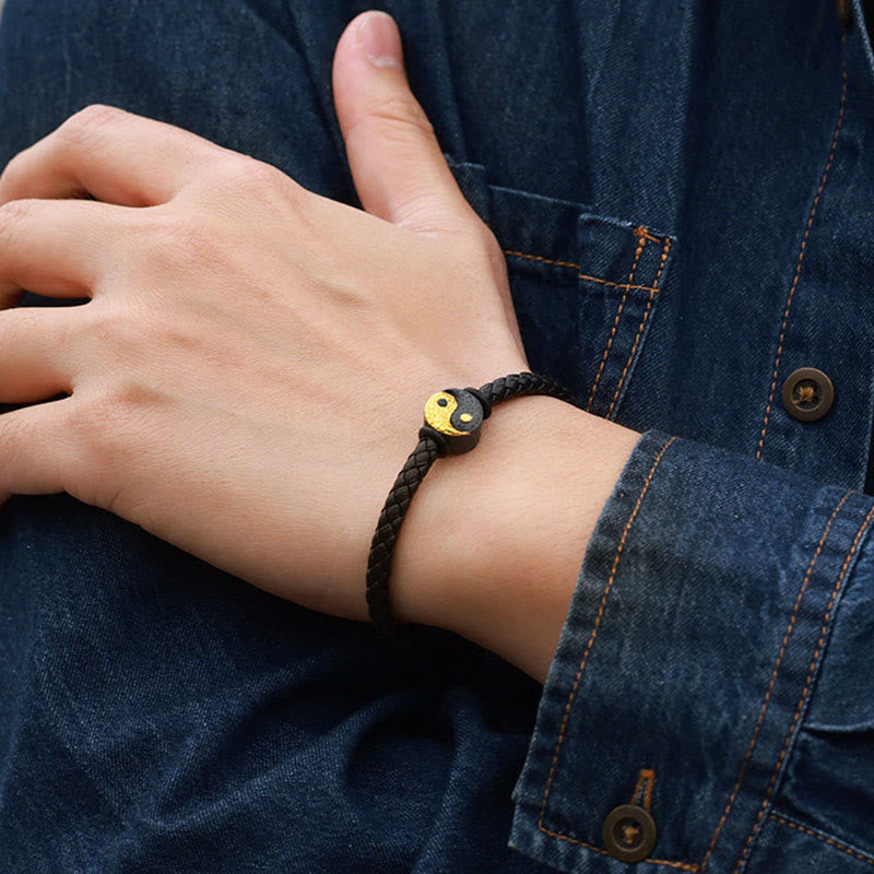 Buddha Stones Pulsera de cuero con símbolo Bagua Yin Yang de plata de ley 925 y oro 999. - image 11