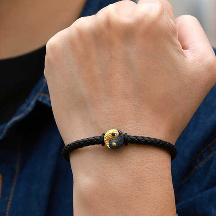 Buddha Stones Pulsera de cuero con símbolo Bagua Yin Yang de plata de ley 925 y oro 999. - image 10
