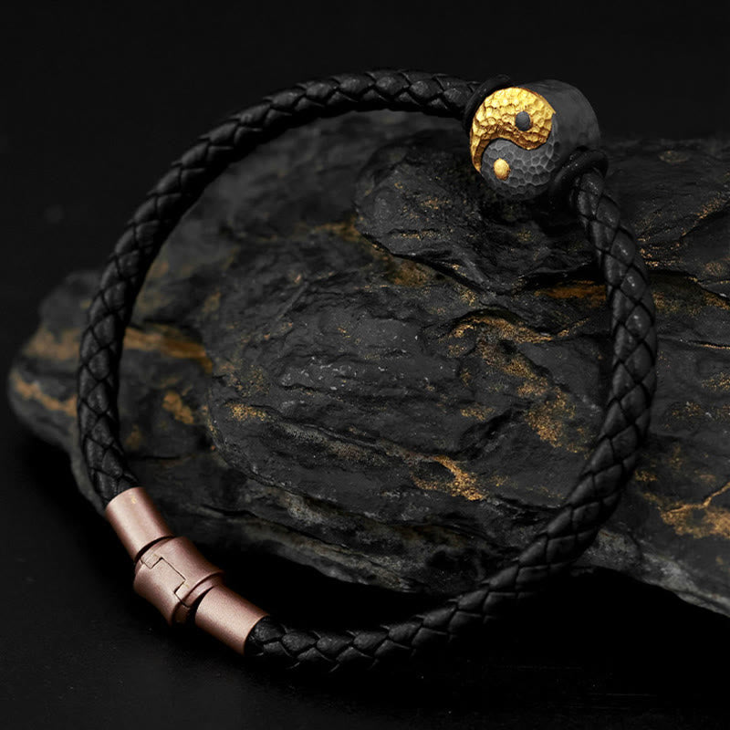 Buddha Stones Pulsera de cuero con símbolo Bagua Yin Yang de plata de ley 925 y oro 999. - image 2