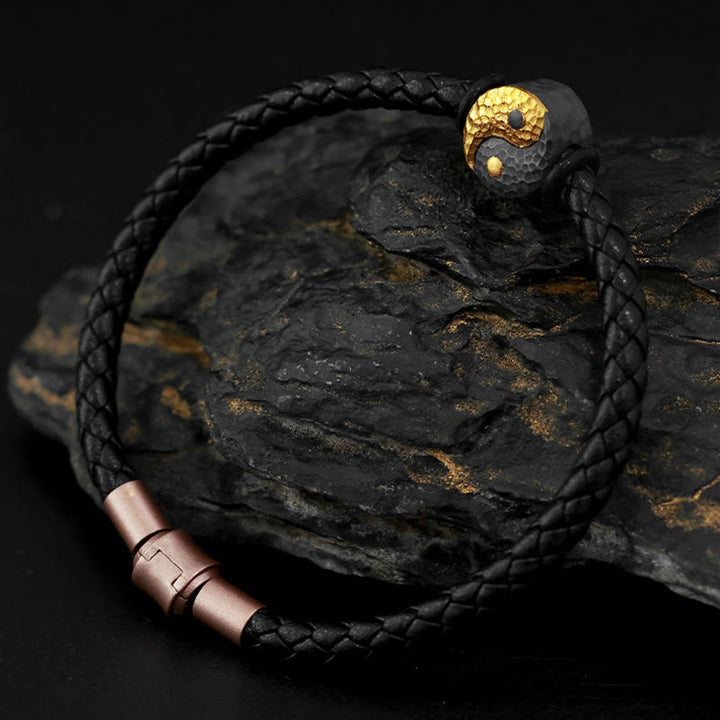 Buddha Stones Pulsera de cuero con símbolo Bagua Yin Yang de plata de ley 925 y oro 999. - image 2