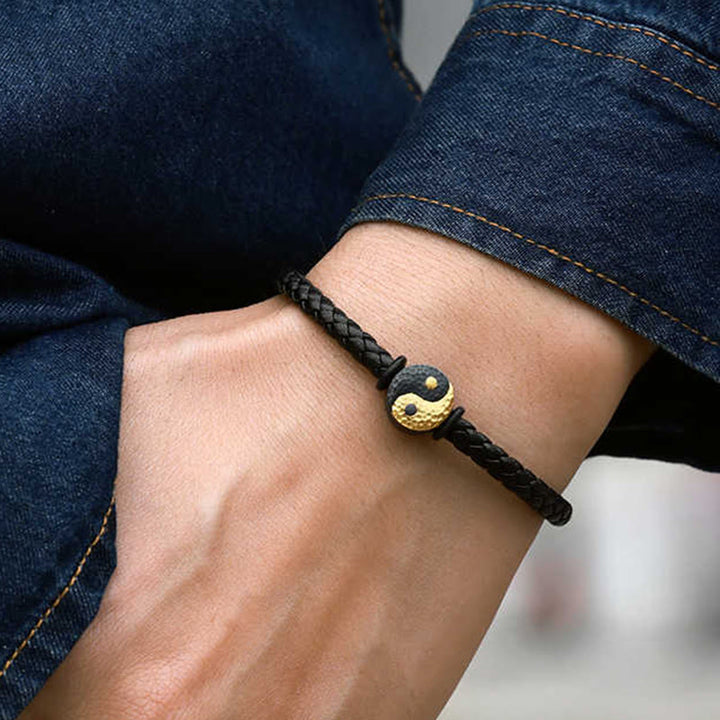 Buddha Stones Pulsera de cuero con símbolo Bagua Yin Yang de plata de ley 925 y oro 999. - image 3