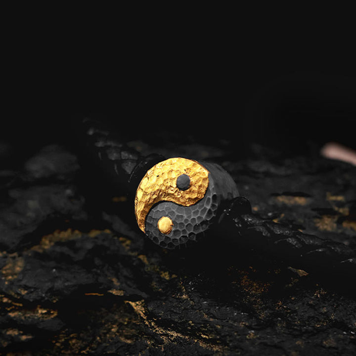 Buddha Stones Pulsera de cuero con símbolo Bagua Yin Yang de plata de ley 925 y oro 999. - image 9