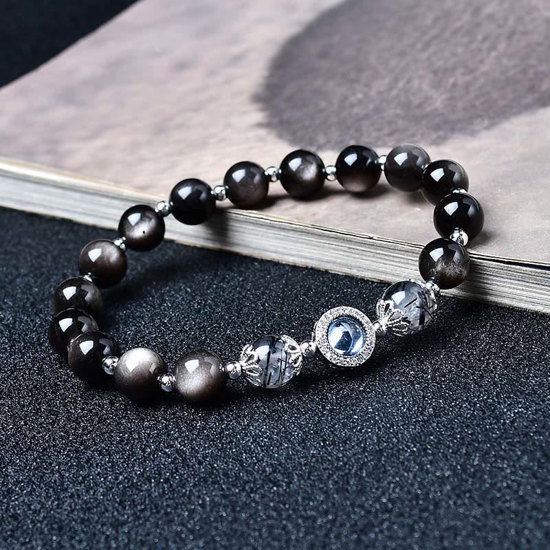 Buddha Stones Pulsera purificadora de obsidiana negra con brillo plateado y circonitas. - Obsidiana con brillo plateado - 8 mm (circunferencia de la muñeca: 15-16 cm) - image 4