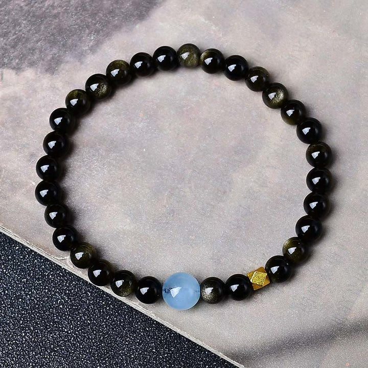 Buddha Stones Pulsera protectora de cuentas de obsidiana con brillo dorado natural - Obsidiana con brillo dorado - 10 mm (circunferencia de la muñeca: 16-17 cm) - image 1