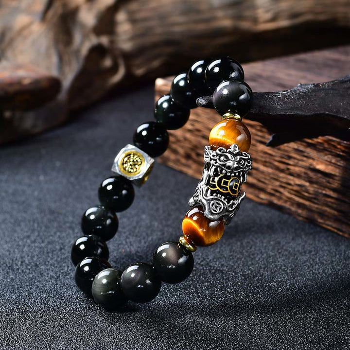 Buddha Stones Pulsera de transformación PiXiu de ojo de tigre con obsidiana negra natural - 14 mm (circunferencia de la muñeca: 18-19 cm) - image 0