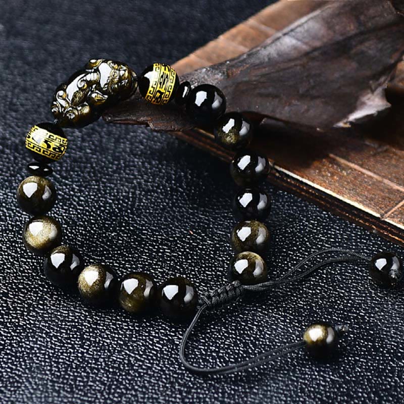 Buddha Stones Pulsera de cuerda protectora PiXiu Om Mani Padme Hum de obsidiana con brillo dorado natural - image 3