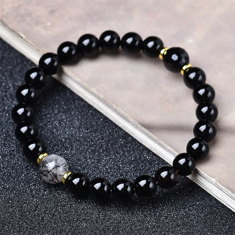 Buddha Stones Pulsera de purificación de cuarzo rutilado negro con obsidiana negra natural - image 1
