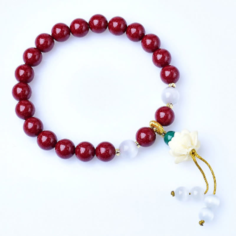 Buddha Stones Pulsera con dije de loto de marfil ojo de gato de cinabrio natural y bendición - image 4
